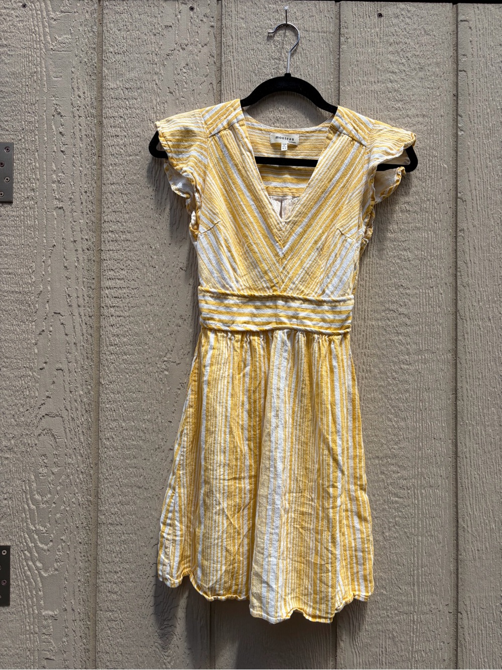 Monteau Yellow and White Striped V-Neck Dress, Ruched back waistline, XS